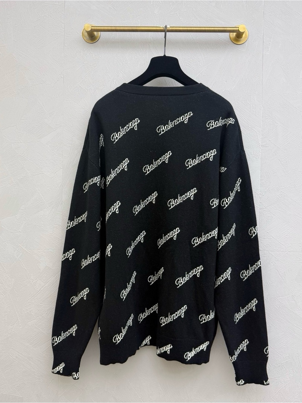 Balenciaga Black Crewneck Sweater with White All-Over Logo - Picture 3 of 6